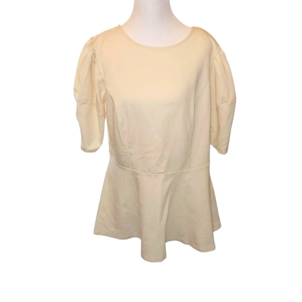 Eloquii Cream/Ivory Puff Sleeve Peplum  V Neck Back Blouse Top SZ 14